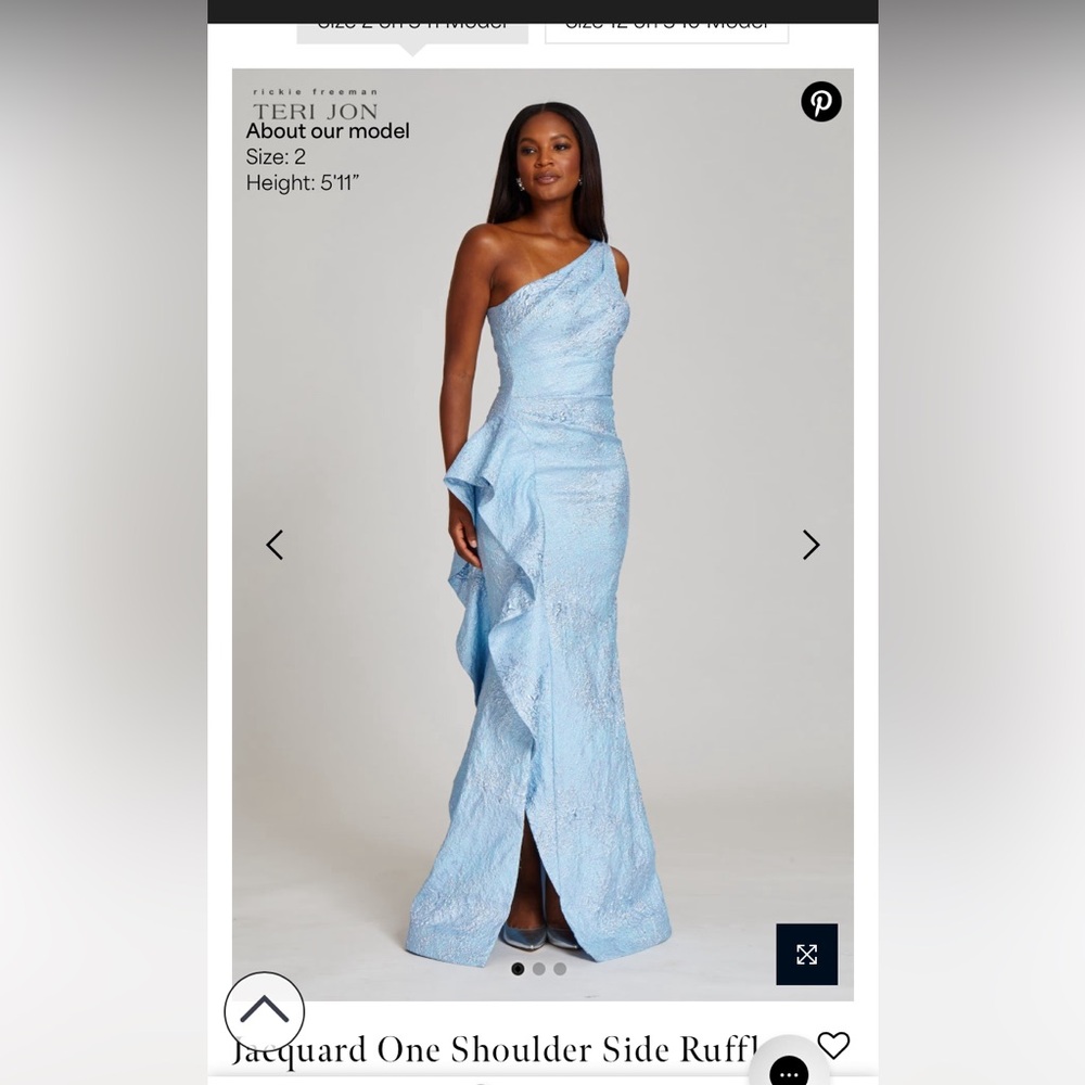 Teri Jon Powder Blue One-Shoulder Jacquard Gown with Side Ruffle